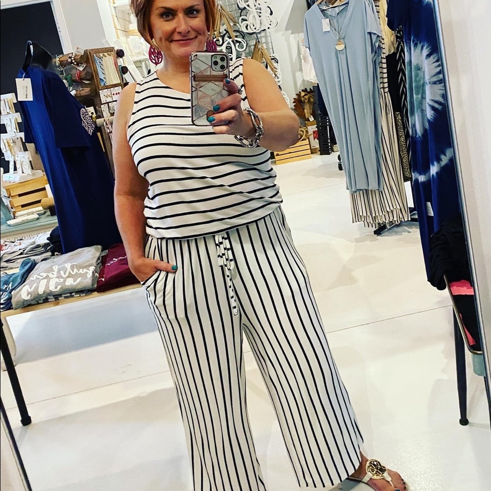 White and black stripe Capri jumpsuit NWT